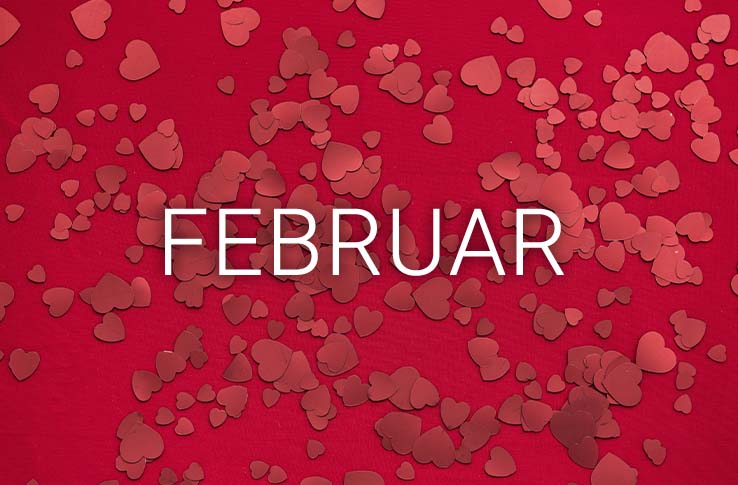 Rød bakgrunn med hjerter og teksten Februar